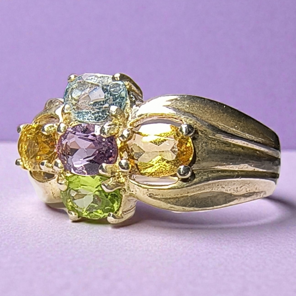Vintage Art Deco Multi Gemstone And Sterling Silver Larger Size Ring
